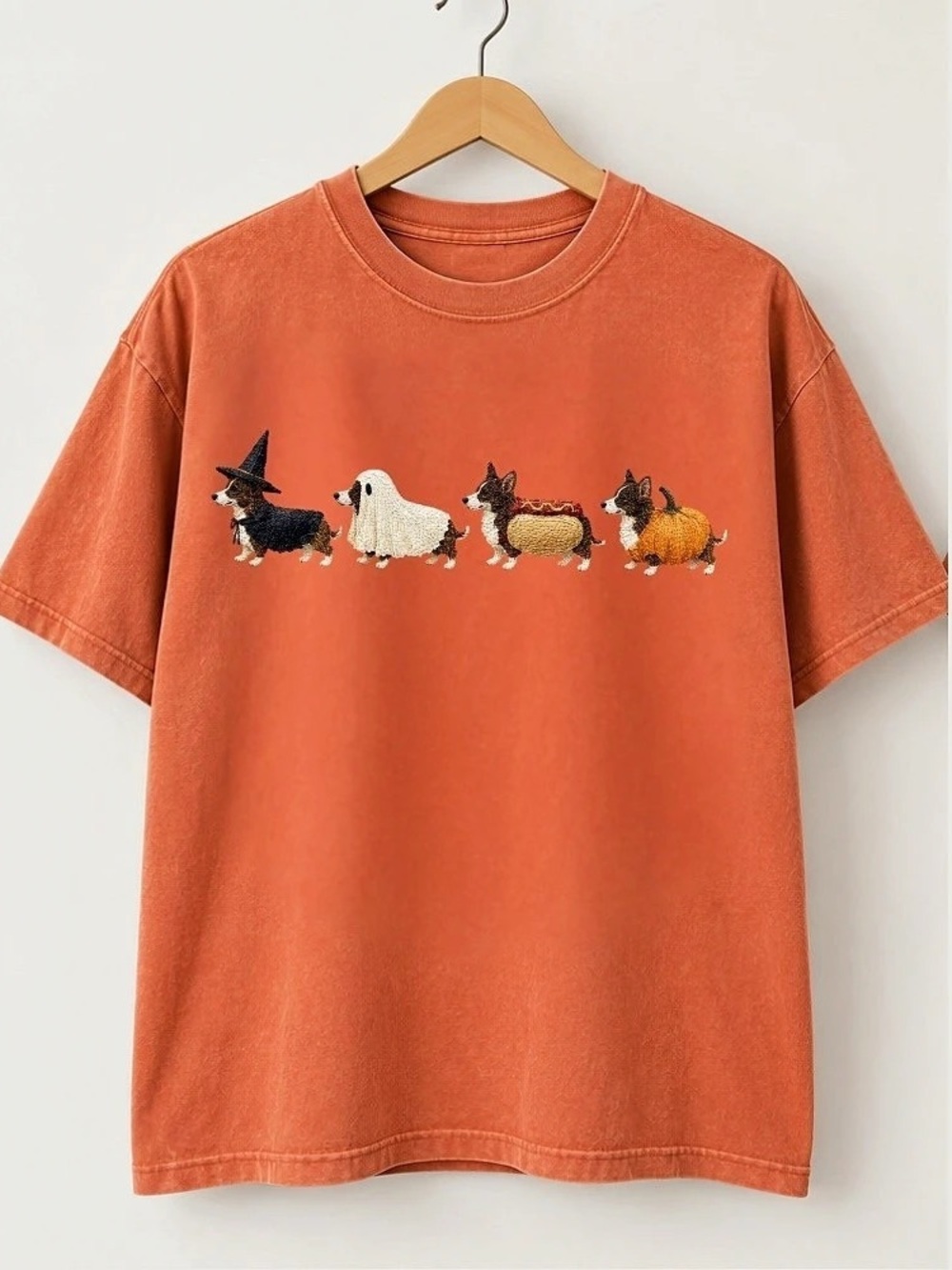Comfort Colors Corgi Dog Halloween Witch Ghost Hot Dog Pumpkin Vintage Orange T-